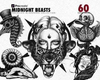 Procreate Blackwork-tatoeagestempelborstel Dark Gothic Animal Panther Skull Flash-ontwerp voor Procreate iPad-tatoeëerders Digitale download
