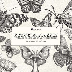 May include: A collection of vintage moth and butterfly illustrations in black and white. The image features detailed drawings of various moth and butterfly species, with the text "Moth & Butterfly Vintage Procreate Stamp Collection".