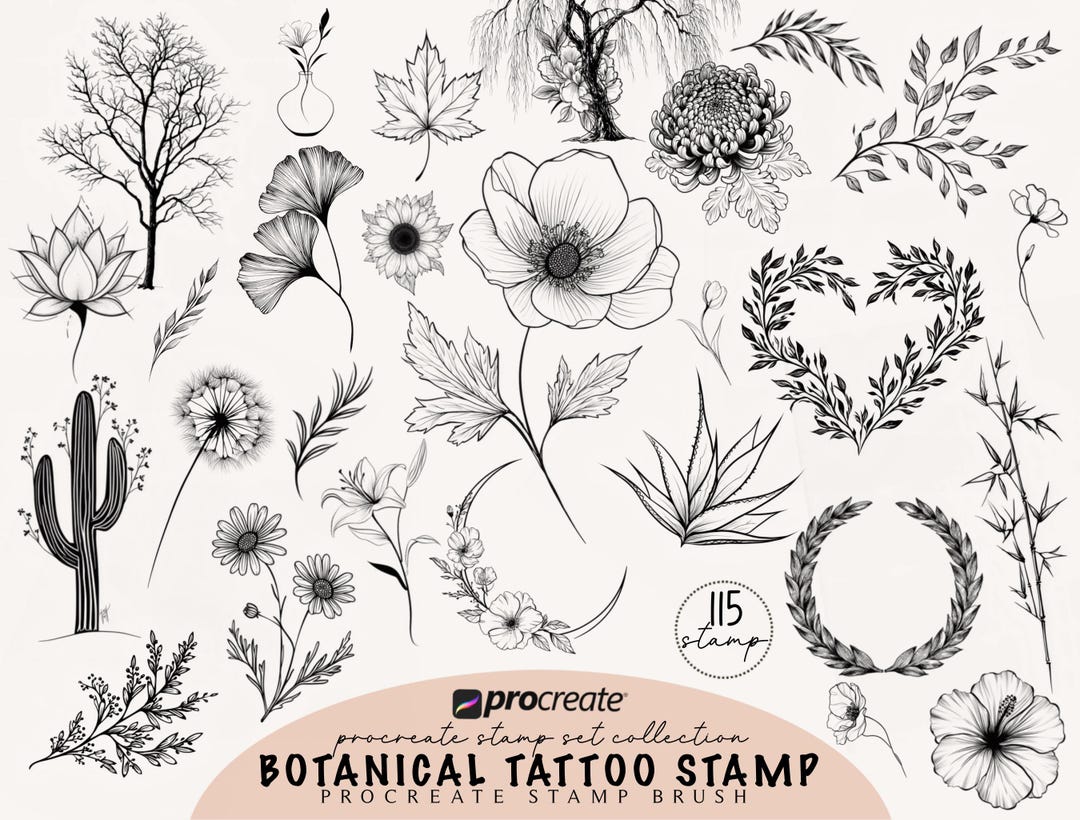Botanical Flower Stamp Procreate Brush Stamp Tattoo Flash Set Procreate ...