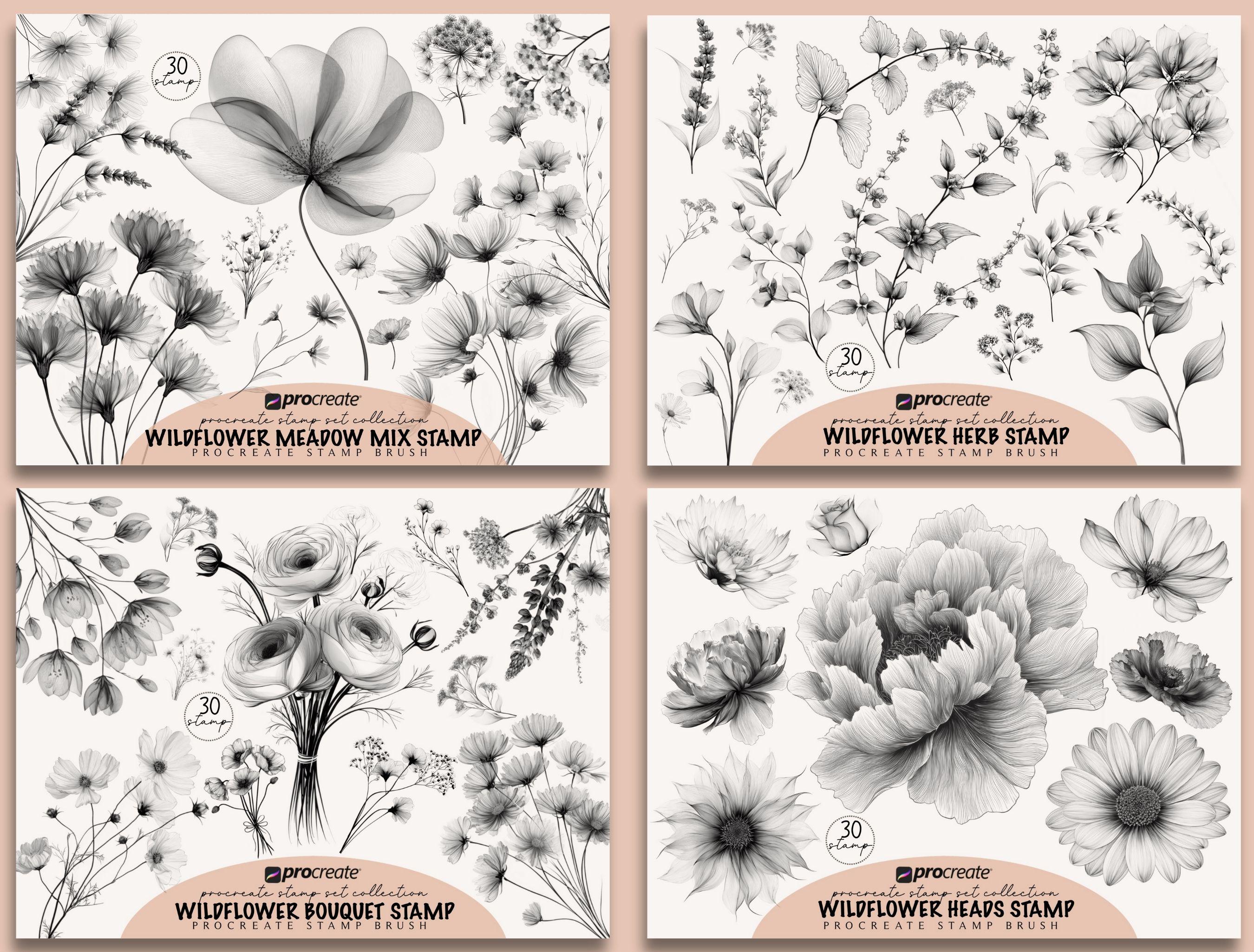 Wildflower Procreate Stamp Brush Set: Botanical Tattoo Design (digital ...