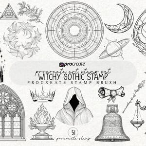 Pode incluir: Uma coleção de ilustrações góticas e de bruxas em preto e branco. O conjunto inclui uma alta catedral, uma lua crescente, uma figura com capuz, uma coroa, um sino e outros símbolos místicos. O texto "Witchy Gothic Stamp" também é visível.