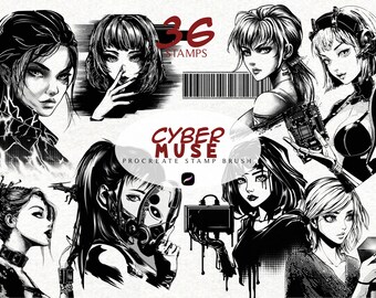 Cyberpunk Anime Girl Procreate Stamp Brush Set Anime Manga Lineart Procreate Brush Bundle Tattoo Flash Stamps for Procreate