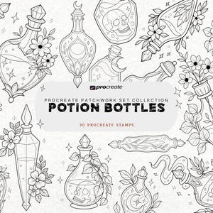 Könnte beinhalten: Eine Sammlung von schwarz-weißen Strichzeichnungen mit verschiedenen Zaubertrankflaschen, Totenköpfen, Kristallen und floralen Elementen. Der zentrale Text lautet Procreate Patchwork Set Collection Potion Bottles 30 Procreate Stamps.