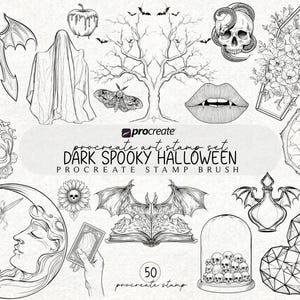 May include: A collection of dark and spooky Halloween-themed Procreate art stamps. The set includes a variety of illustrations such as a skull, bats, a coffin with flowers, a moth, a tree, and a crescent moon. The text reads "Dark Spooky Halloween".