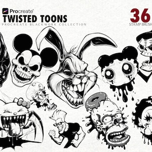 Può includere: Illustrazione digitale in bianco e nero con una collezione di personaggi dei cartoni animati distorti. L'immagine include una pantera, un teschio con le orecchie di Topolino, un coniglio minaccioso e altre figure di cartoni animati distorte. Il testo recita "Twisted Toons" e "36 Stamp Brush".