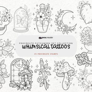 May include: A digital collection of 25 black and white line art stamps for Procreate, featuring illustrations of a skull, butterfly, moon, heart, teacup, moth, window, dagger, key, and mushrooms, all adorned with various floral elements.
