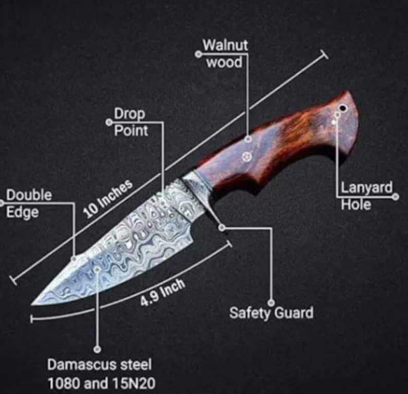 Op de afbeelding: Een Damascus stalen mes met een walnoten houten handvat. Het lemmet is 25,4 cm lang en 12,4 cm breed, met een dubbele snede en drop point. Inclusief een veiligheidswacht en een lanyard gat. Het staal is 1080 en 15N20.