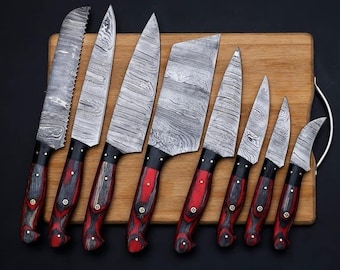 Hand Forged Damascus Steel Chef Knife Set, Kitchen Knives | Chef Knives Set, Handmade 8 Pcs Luxury Damascus Knife Gift for him, Gift for her