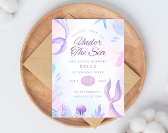 Mermaid Birthday Invitation Mermaid Invitation Mermaid Party Invitation Under the Sea Invitation Pink Theme EDITABLE Instant Download