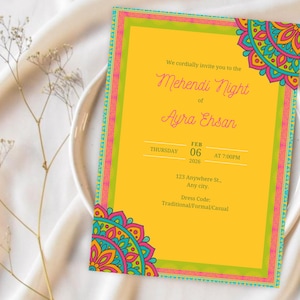 Editable Mehendi Invitation Template, Colorful Mehendi, Dholki, Mayoun, Haldi,Wedding Invitation,Shadi Invitation, Editable Canva Template