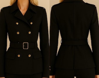 Handmade Women’s Black DoubleBreasted Military Style Blazer Belted Structured with Gold Buttons, Elegant