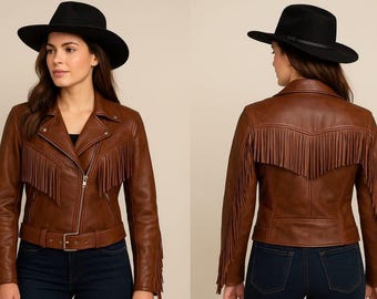 Ręcznie robiona brązowa skórzana kurtka z frędzlami – w stylu western cowgirl biker