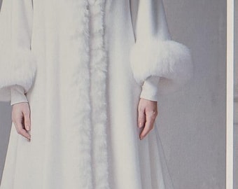 Handmade White Woman Faux Fur  collar wool Long Winter Coat - Elegant Warm Jacket