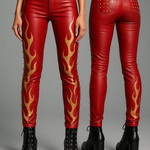 Peut inclure: Pantalon rouge en similicuir avec des motifs de flammes dorées sur les côtés et des clous. Le pantalon est présenté de face et de dos, porté avec des bottines noires. Un article de mode audacieux.
