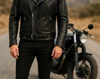 Handmade Men  Black  Western Fringe Leather Biker Jacket –  Motorcycle Cowhide Moto Style”