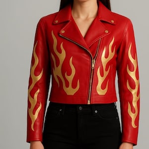 Handmade Women’s Red Flame Leather Jacket – Gold Fire Print Cropped Moto Biker Coat