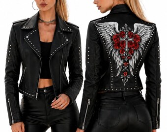 Womens Black Leather Biker Jacket: Angel Wings & Rose Cross printing