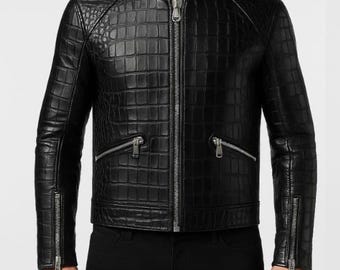 Herren Black Krokodil geprägte Leder Bikerjacke - Glossy Moto Style