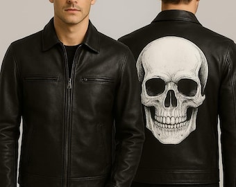 Handmade Men's Skull Print Leather Biker Jacket | Gothic Punk Outerwear