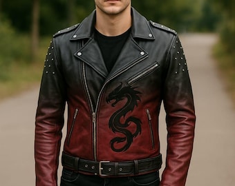 メンズ ブラックレザー ドラゴン刺繍 バイカージャケット - レッド刺繍