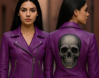 Handmade Woman Purple Leather Biker Jacket – Studded Skull Moto Coat