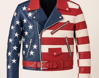 Giacca in pelle con bandiera americana fatta a mano - Cappotto da motociclista con stelle e strisce patriottiche
