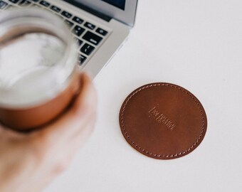 Custom Engraved Leather Coasters Set of 4 | Personalized Leather Coaster Set | Round Leather Coasters | Cool Coffee Coasters | Drink Coaster