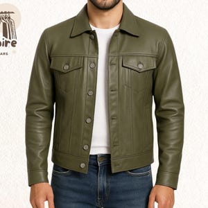 Herr olivgrön lädertruckerjacka – Vintage slim fit ytterkläder, retro västerländsk höst-vinterjacka för avslappnad streetwear-look