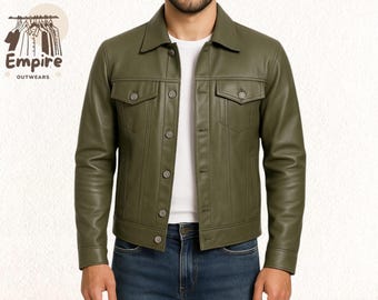 May include: An olive green leather jacket with button fastenings, two chest pockets, and a collared neckline. The jacket is worn over a white t-shirt and blue jeans. The Empire Outwears logo is visible in the upper left corner.