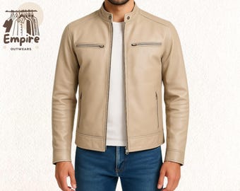 Beige leren Café Racer-jack voor heren – slimfit motorbovenkleding, vintage bikerstijl herfst-winterjas voor alledaagse klassieke look