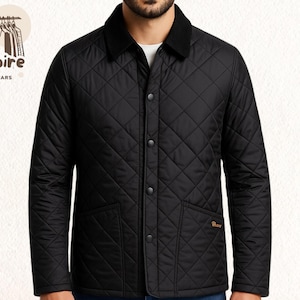 May include: Black quilted jacket with a corduroy collar and button closure. The jacket features a diamond pattern and two front pockets. The brand logo is visible on the front. The jacket is a classic outerwear piece.