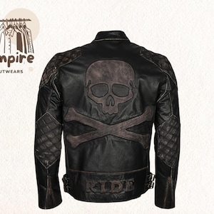 Premium Men’s Skull & Bones Motorcycle Jacket – Black Distressed Vintage Leather Biker Coat