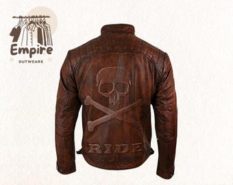 Men's Real Cow Leather Brown Distressed Skull Biker Motorcycle