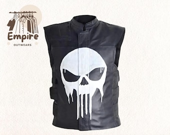 May include: Black leather vest featuring a large white skull graphic on the front. The vest has a stand-up collar, multiple pockets, and a button-up closure. The Empire Outwears logo is visible in the upper left corner.