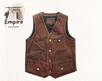 Premium Cafe Racer Waistcoat – Men’s Vintage Tan Brown Leather Biker Motorcycle Vest | Classic Moto Style