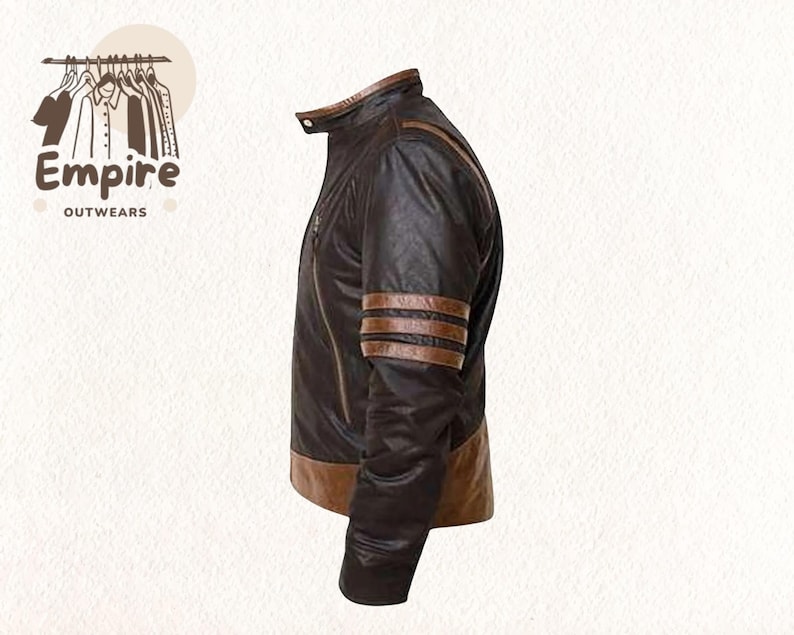 May include: A brown leather jacket with a stand-up collar and brown stripes on the sleeves. The jacket has a two-tone design, with a lighter brown at the bottom. The Empire Outwears logo is in the upper left corner.