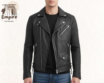 Schwarze Motorradjacke für Herren - Biker-Stil mit gemusterten Details, langlebiger Lederkonstruktion, Vintage-Retro-Look, Reitjacke