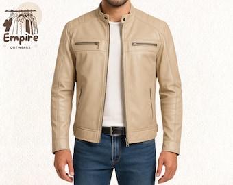 Men’s Light Beige Leather Café Racer Jacket – Slim Fit Motorcycle Outerwear, Vintage Classic Biker Style Fall Winter Jacket for Casual Look