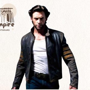 May include: A distressed black leather jacket with brown accents on the sleeves. The jacket has a classic biker style with a notched collar and a front zipper. The person in the image is wearing a white tank top and blue jeans. The logo "Empire Outwears" is in the top left corner.