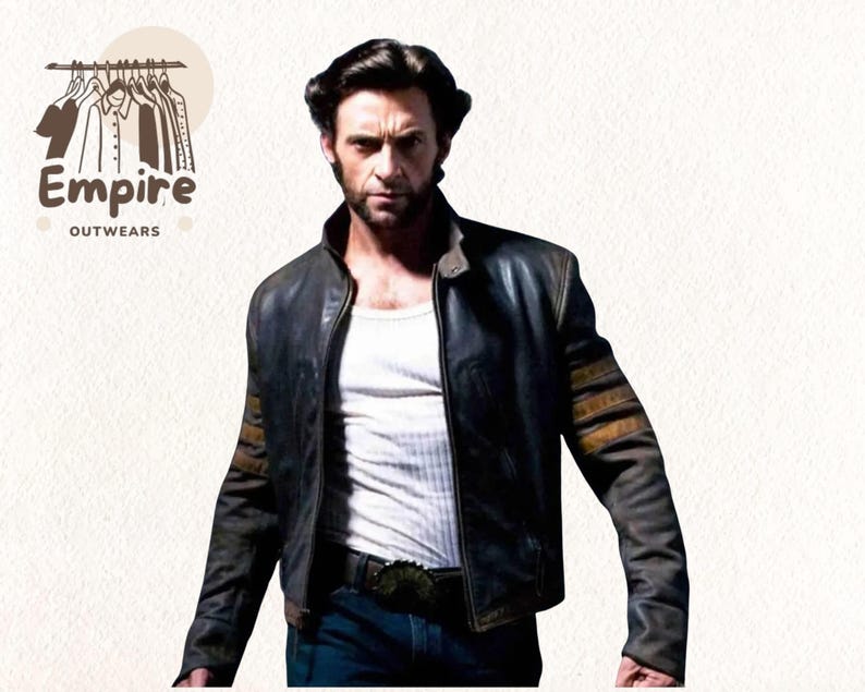 May include: A distressed black leather jacket with brown accents on the sleeves. The jacket has a classic biker style with a notched collar and a front zipper. The person in the image is wearing a white tank top and blue jeans. The logo "Empire Outwears" is in the top left corner.