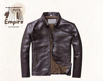 70s Vtg Brown Leather Zip up Collared Jacket Straight Cut Coat