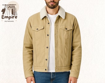 Men’s Light Beige Corduroy Sherpa Trucker Jacket – Relaxed Fit Fleece Collar Outerwear, Cozy Vintage Fall Winter Jacket for Everyday Wear