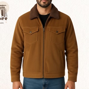 Chaqueta de camionero de pana marrón y sherpa para hombre: abrigo de invierno con cuello de lana, estilo retro vintage para un look informal y acogedor.