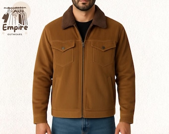 Men’s Brown Corduroy Sherpa Trucker Jacket – Warm Wool Collar Winter Outerwear, Vintage Retro Style Fall Jacket for Cozy Casual Wear