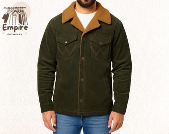 Olijfgroen corduroy met sherpa gevoerd truckerjack – warme suède interieur herfst/winter bovenkleding, vintage casual jack