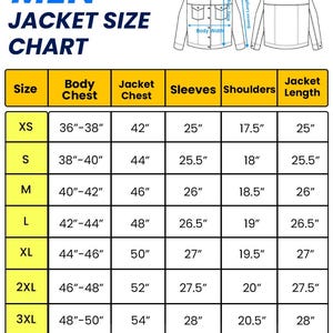 Pode incluir: Tabela de tamanhos de jaquetas masculinas, com medidas em polegadas. A tabela inclui tamanhos de XS a 4XL, detalhando o contorno do peito, o peito da jaqueta, o comprimento da manga, a largura dos ombros e o comprimento da jaqueta.