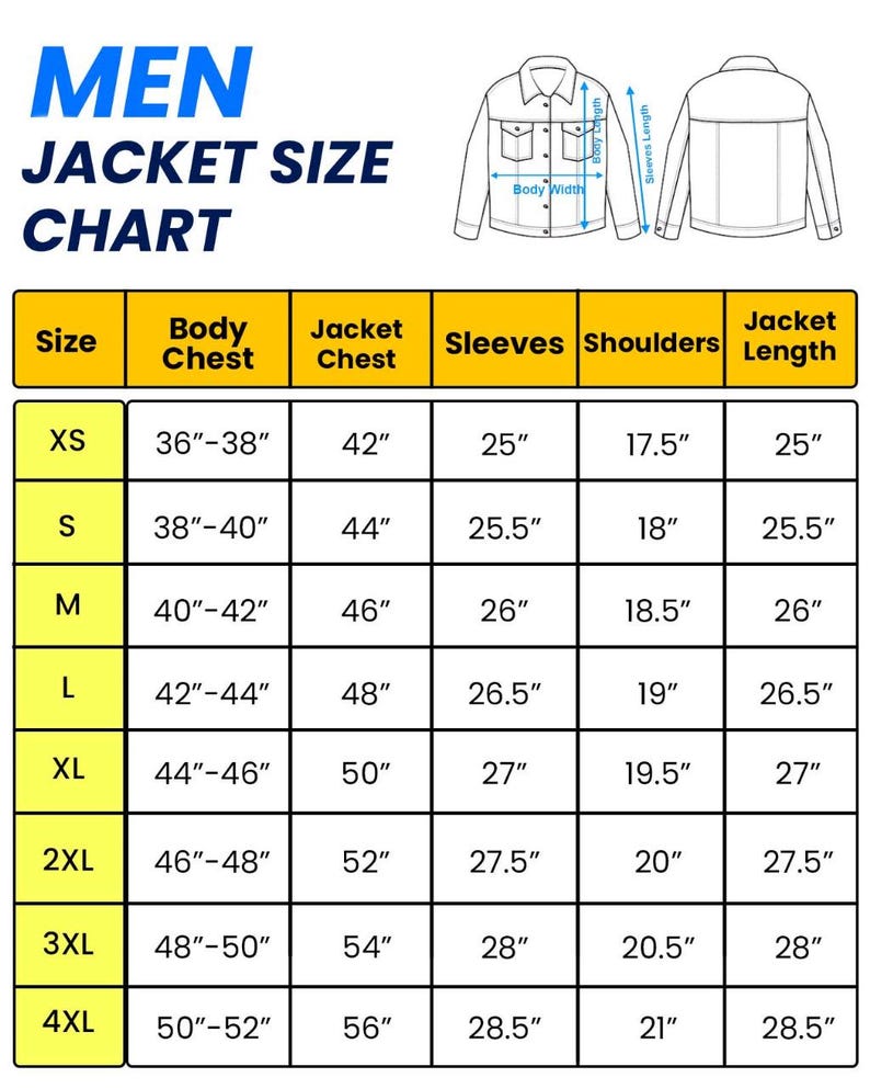 Pode incluir: Tabela de tamanhos de jaquetas masculinas, com medidas em polegadas. A tabela inclui tamanhos de XS a 4XL, detalhando o contorno do peito, o peito da jaqueta, o comprimento da manga, a largura dos ombros e o comprimento da jaqueta.