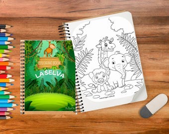 以下が含まれることがあります： ジャングルシーンと猿のイラストが描かれた「La Selva」というタイトルのスパイラル綴じの塗り絵。その隣には、ライオン、キリン、ゾウの線画が描かれた開いた塗り絵のページ。色鉛筆と消しゴムのセットも存在します。