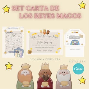 Puede incluir: Un conjunto de papelería con fondo rosa claro, que incluye una carta, un certificado y un sobre. El certificado es por buen comportamiento y lleva el nombre de "Victor Gonzalez". El conjunto también incluye ilustraciones de los Reyes Magos y estrellas.