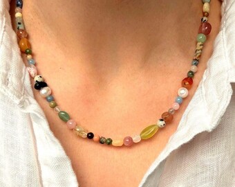 Collier de pierres précieuses multicolores, collier de pierres naturelles, argent 925, collier de perles de pierres colorées